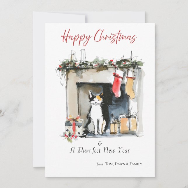 Invitación Watercolour Cat-themed Sketch Christmas Card (Anverso)