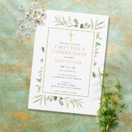 Invitación Watercolour Greenery First Holy Communion