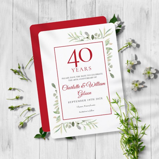 Invitación Watercolour Leaves 40th Anniversary Save the Date (Subido por el creador)