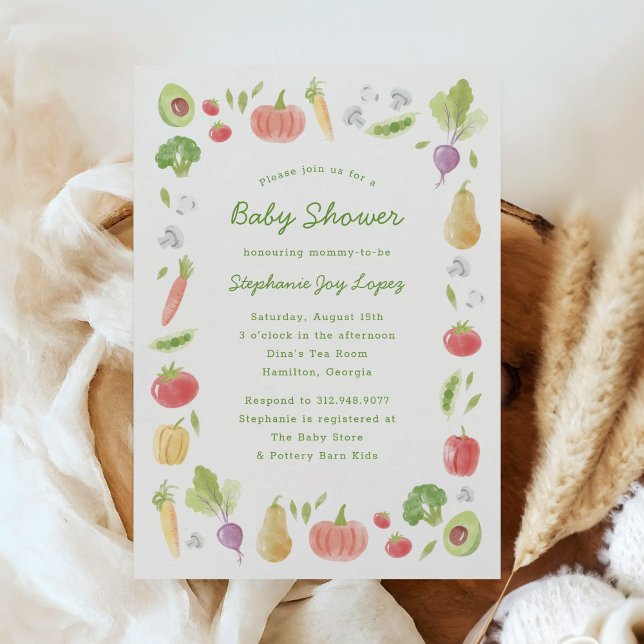 Invitación Watercolour Veggies Farmer's Market Baby Shower (locally grown baby shower invitation with farmer's market theme - watercolour vegetables)