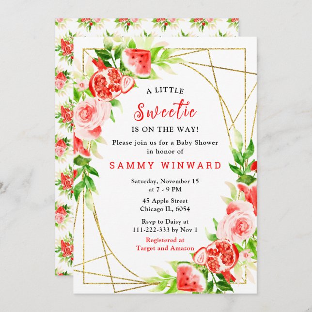 Invitación Watermelon and Pomegranate Baby Shower (Anverso / Reverso)