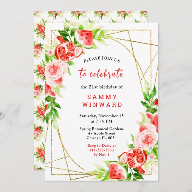 Invitación Watermelon and Pomegranate Birthday (Anverso / Reverso)