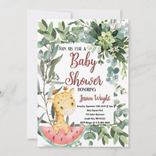 Invitación Watermelon Baby Giraffe Watercolor Baby Shower