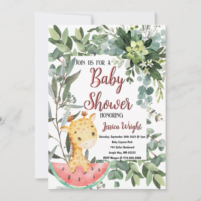Invitación Watermelon Baby Giraffe Watercolor Baby Shower (Anverso)