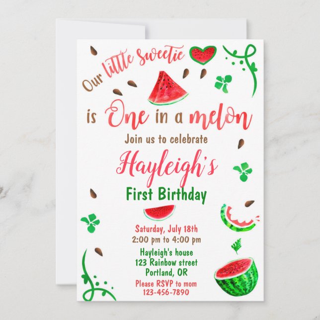 Invitación Watermelon birthday invitation Girl first birthday (Anverso)