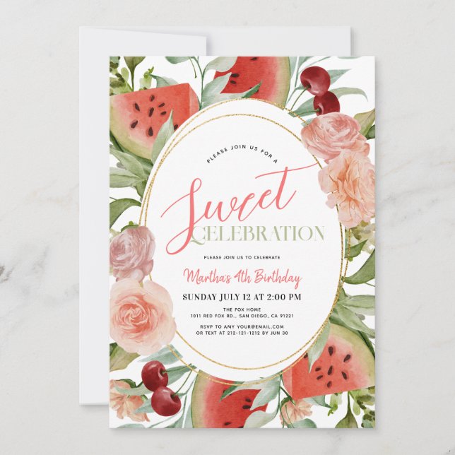 Invitación Watermelon Floral Sweet Celebration Chica Cumpleañ (Anverso)