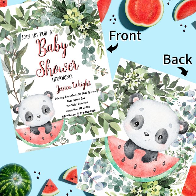 Invitación Watermelon Panda Watercolor Baby Shower (Watermelon Panda Evergreen Jungle Baby Shower Invitations)