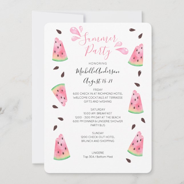 Invitación Watermelon Summer Bachelorette Weekend Itinerary (Anverso)