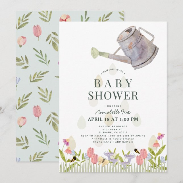 Invitación Waters Can Floral Garden Tema Baby Shower (Anverso / Reverso)