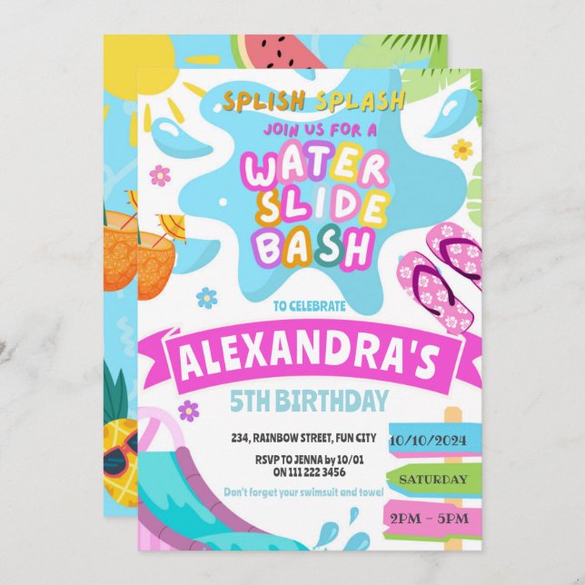 Invitación Waterslide Water Slide Park Splash Chica Cumpleaño (Anverso / Reverso)