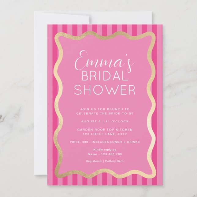 Invitación Wave Pink Hot Pink Stripe Bridal Shower (Anverso)