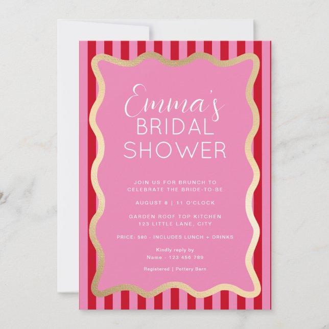 Invitación Wave Pink Red Stripe Bridal Shower (Anverso)