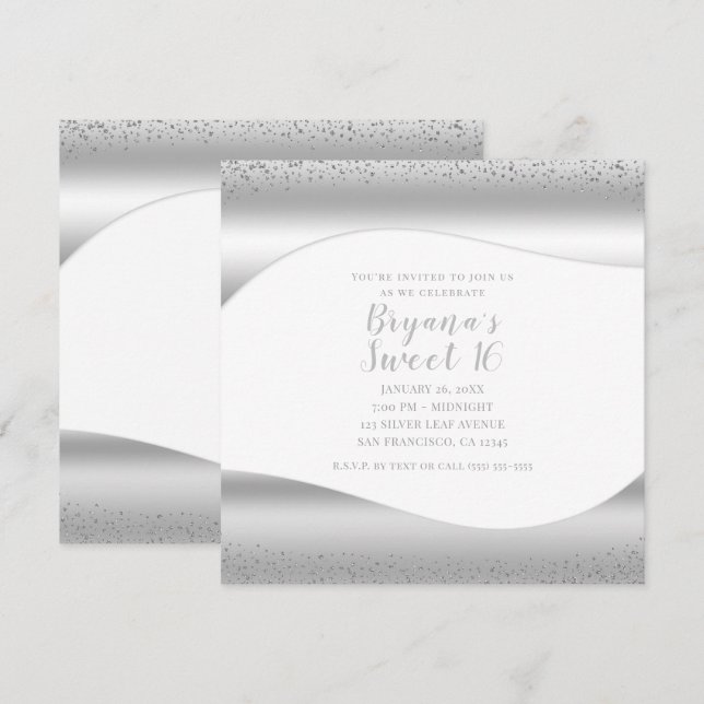 Invitación Wave Plata Esparkle Purpurina Glam Sweet 16 (Anverso / Reverso)