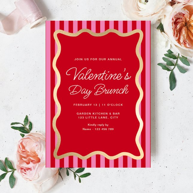 Invitación Wave Red Pink Stripe El día de San Valentín Brunch (Valentines Brunch Invitation Hot Pink Red Stripe)