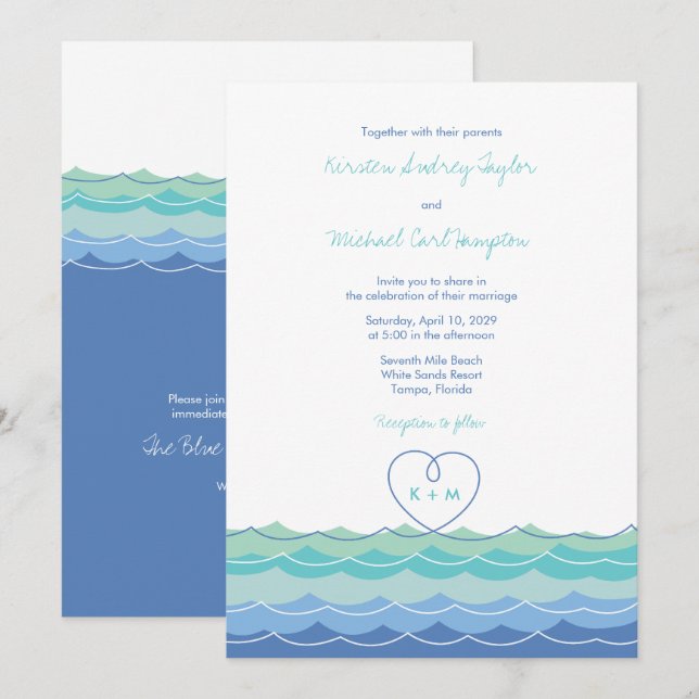 Invitación Waves azules Modernas Loopy Heart Beach Wedding In (Anverso / Reverso)
