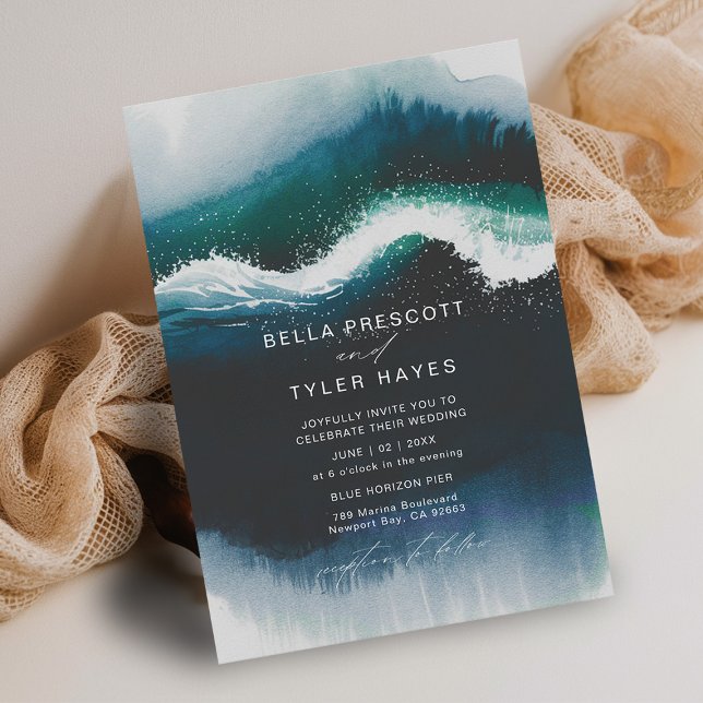 Invitación Waves costeras Navy Beach Ocean Elegant Wedding (coastal wedding invitation modern minimalist elegant beach ocean waves watercolor navy blue teal)