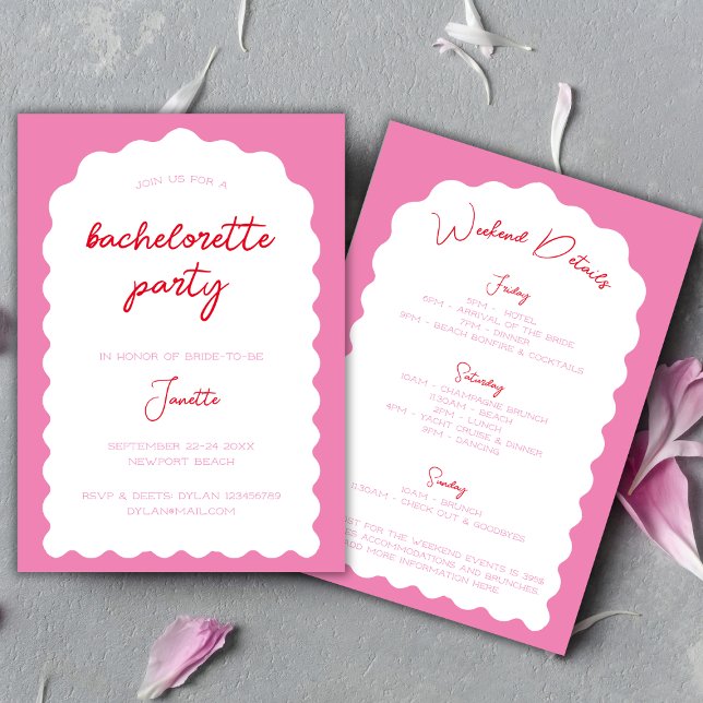 Invitación Wavy Arch Pink Y Red Moderno Bachelorette Weekend (Wavy Arch Pink And Red Modern Bachelorette Weekend Invitation)