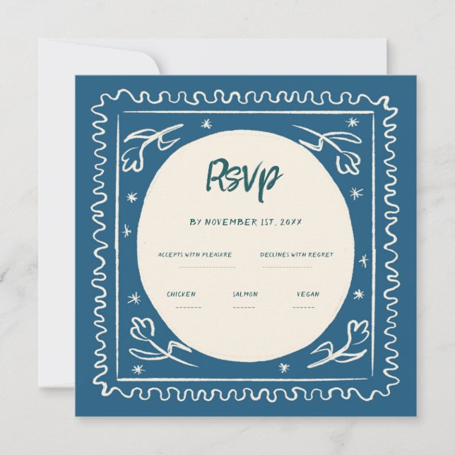 Invitación Wavy Blue Handwriter Boda Retro Rsvp (Anverso)
