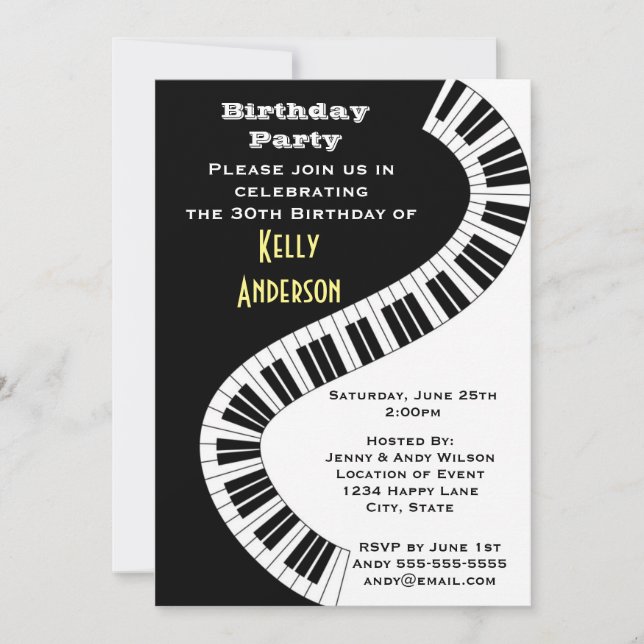 Invitación Wavy Curved Piano Keys Birday (Anverso)