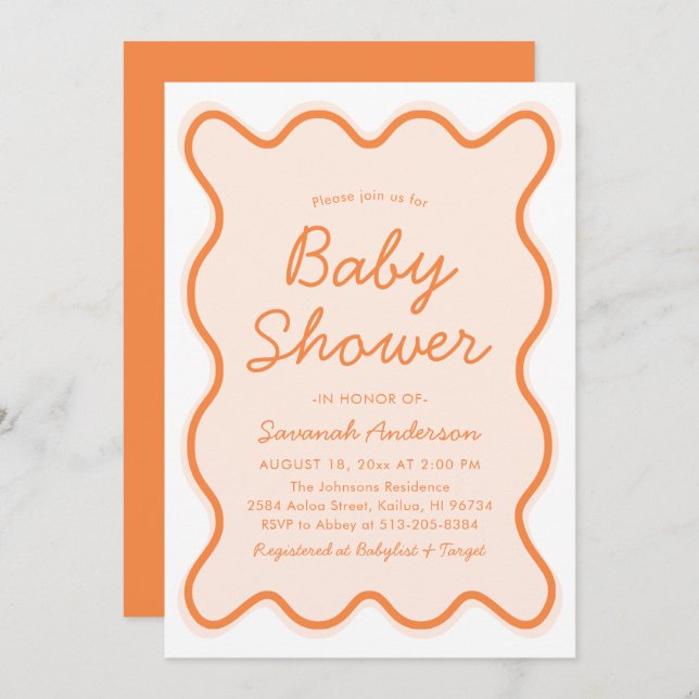 Invitación Wavy Modern Curvy Retro Peach Fuzz Baby Shower (Anverso / Reverso)