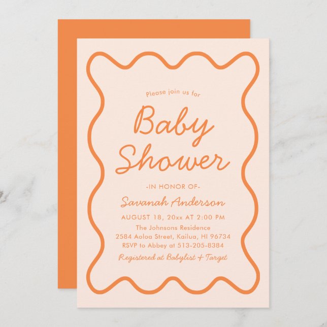 Invitación Wavy Modern Curvy Retro Peach Fuzz Baby Shower (Anverso / Reverso)