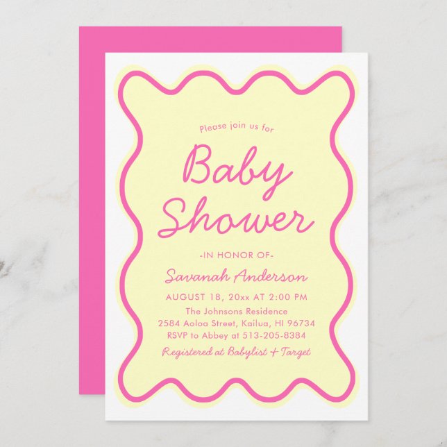 Invitación Wavy Moderno Curvy Retro Baby Shower amarillo rosa (Anverso / Reverso)