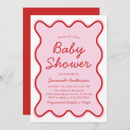 Invitación Wavy Moderno Curvy Retro Baby Shower rosa y rojo