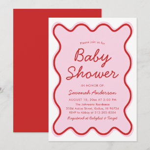 Invitación Wavy Moderno Curvy Retro Baby Shower rosa y rojo