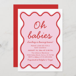 Invitación Wavy Moderno Curvy Retro Baby Shower rosa y rojo
