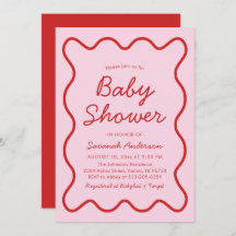 Wavy Moderno Curvy Retro Baby Shower rosa y rojo