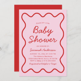 Invitación Wavy Moderno Curvy Retro Baby Shower rosa y rojo