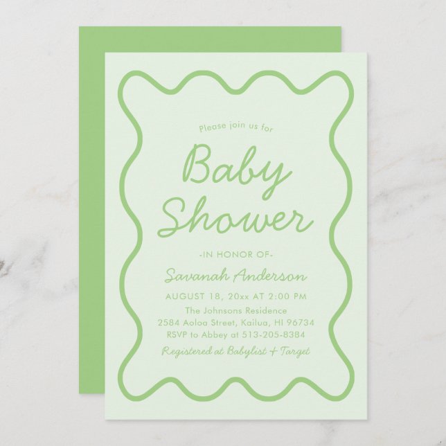 Invitación Wavy Moderno Curvy Retro Sage Green Baby Shower (Anverso / Reverso)