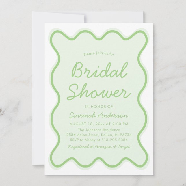 Invitación Wavy Moderno Curvy Retro Sage Green Bridal Shower (Anverso)
