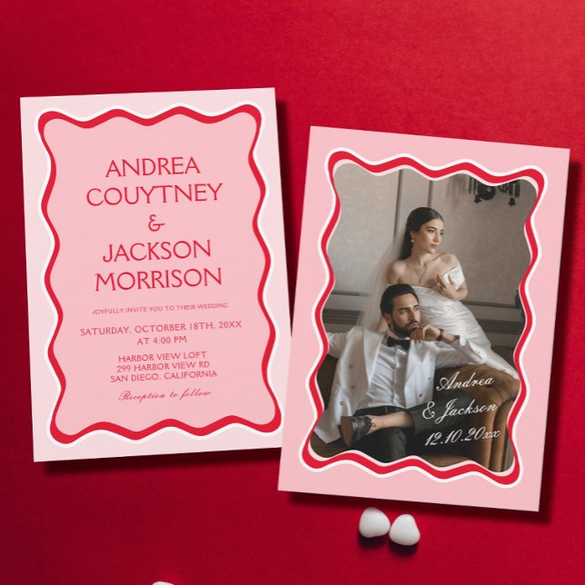 Invitación Wavy Retro Photo Red and Pink Boda (Subido por el creador)