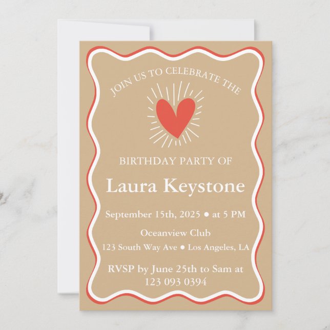 Invitación Wavy Terracotta, Tan y cumpleaños blanco (Anverso)