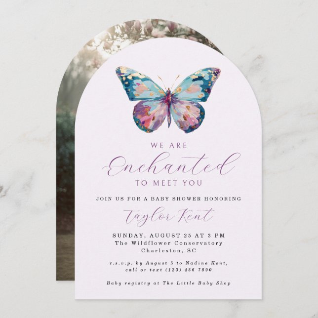Invitación We are Enchanted To Meet You Butterfly Baby Shower (Anverso / Reverso)