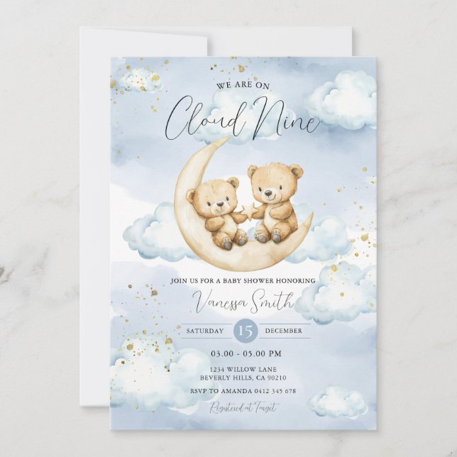 Invitación We Are On Cloud Nine Blue Bear Baby Shower  (Anverso)