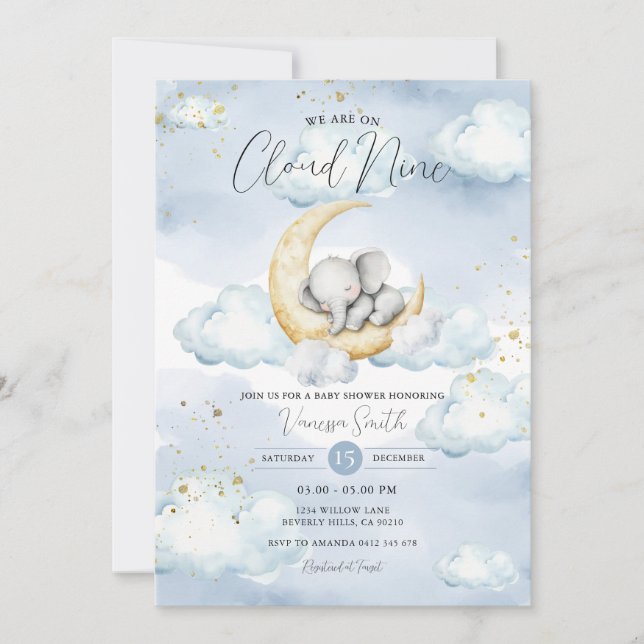 Invitación We Are On Cloud Nine Blue Elephant Baby Shower  (Anverso)