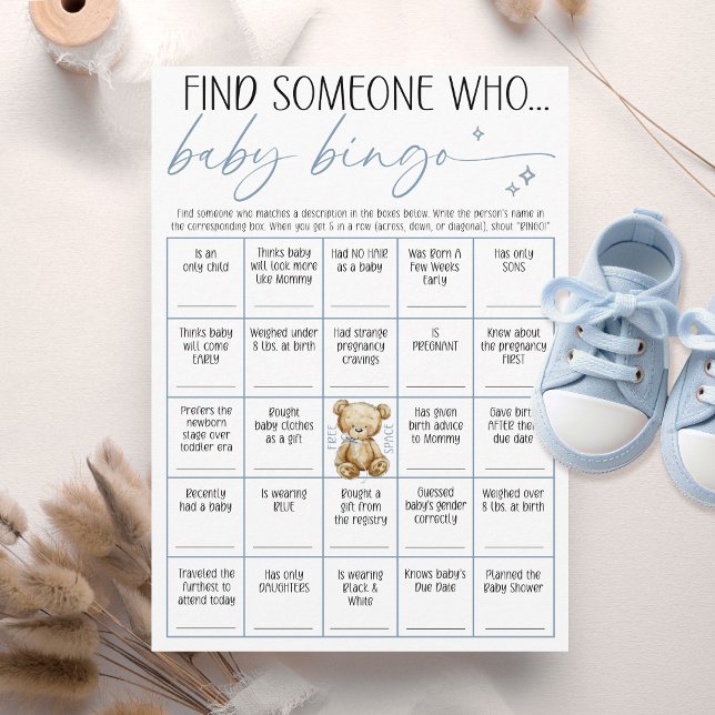 Invitación We Can Bearly Wait Baby Boy Shower Bingo Game Card (We can bearly wait watercolor teddy bear blue baby boy shower Find Someone Who fun bingo game card)