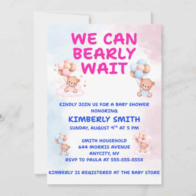 Invitación We Can Bearly Wait Baby Shower (Anverso)