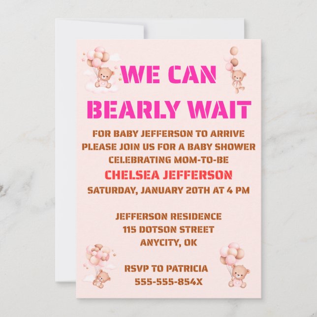 Invitación We Can Bearly Wait Baby Shower (Anverso)