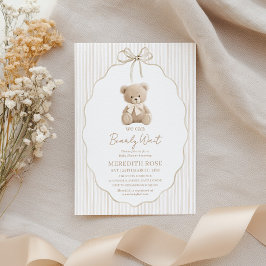 Invitación We Can Bearly Wait Baby Shower Niño Rayas Beige