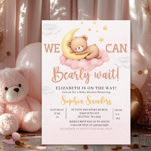 Invitación We Can Bearly Wait Baby Shower Pink Bear (Subido por el creador)