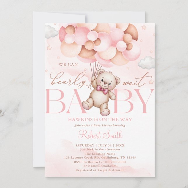 Invitación We Can Bearly Wait Balloon Bear Baby Shower (Anverso)