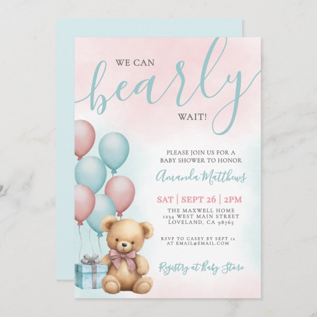 Invitación We Can Bearly Wait Bear Baby Shower (Anverso / Reverso)