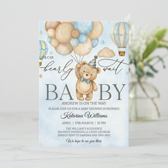 Invitación We Can Bearly Wait Bear Balloon Baby Shower (Anverso de pie)
