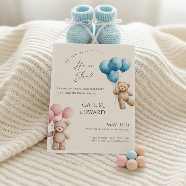 Invitación We Can Bearly Wait Bear Balloons Gender Reveal (Gender reveal invitation with teddy bears and balloons on soft beige blanket with blue booties)