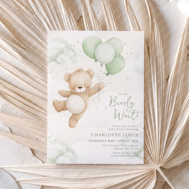Invitación We can Bearly Wait! Bear Sage Balloon Baby Shower (We can Bearly Wait! Baby Shower invitation with bear and sage green balloons)