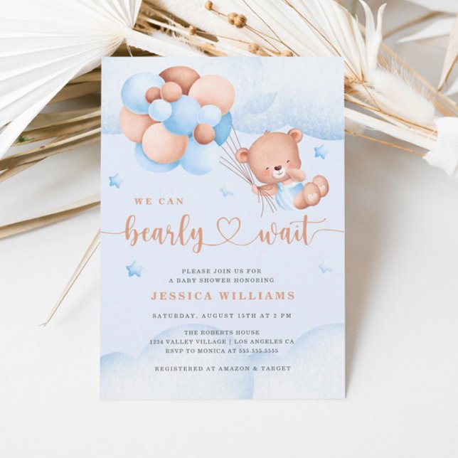 Invitación We Can Bearly Wait Blue Baby Shower Invitation (Subido por el creador)