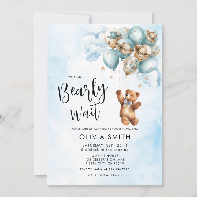 Invitación We Can Bearly Wait Blue Balloon Bear Baby Shower  (Anverso)